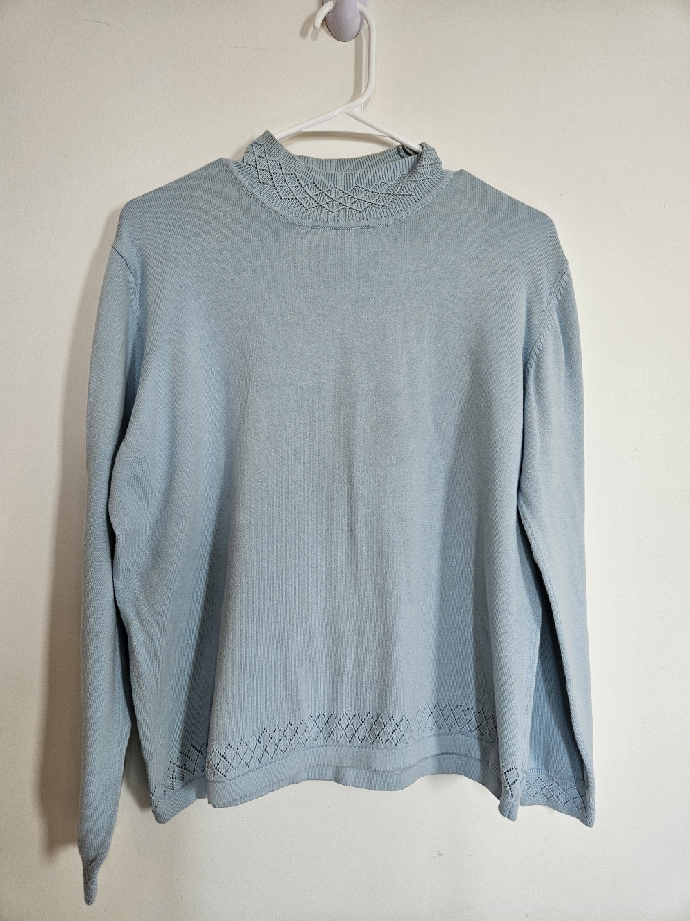 LINDOR PETITE Light Blue 100% Cotton Mock Neck Knit Sweater Eyelet Details L G🔥